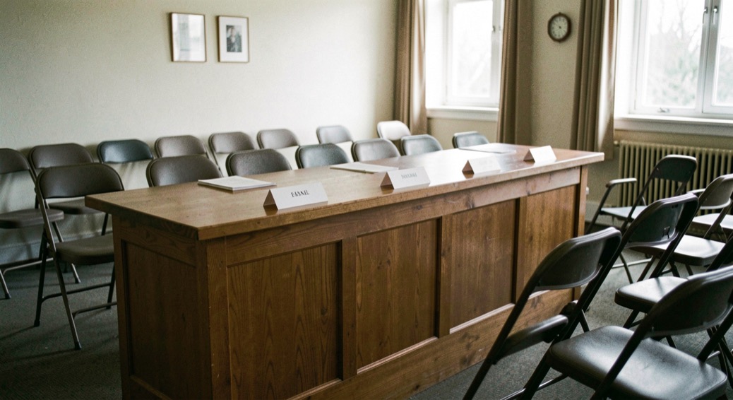Illustrative image: an empty public hearing room with a raised panel table, name plates turned face down and rows of folding chairs