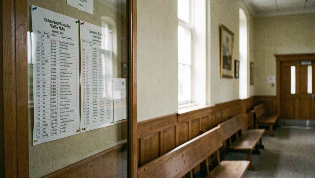 Illustrative image: a courthouse corridor with a printed daily list pinned behind glass, benches along the wall and light from a tall window