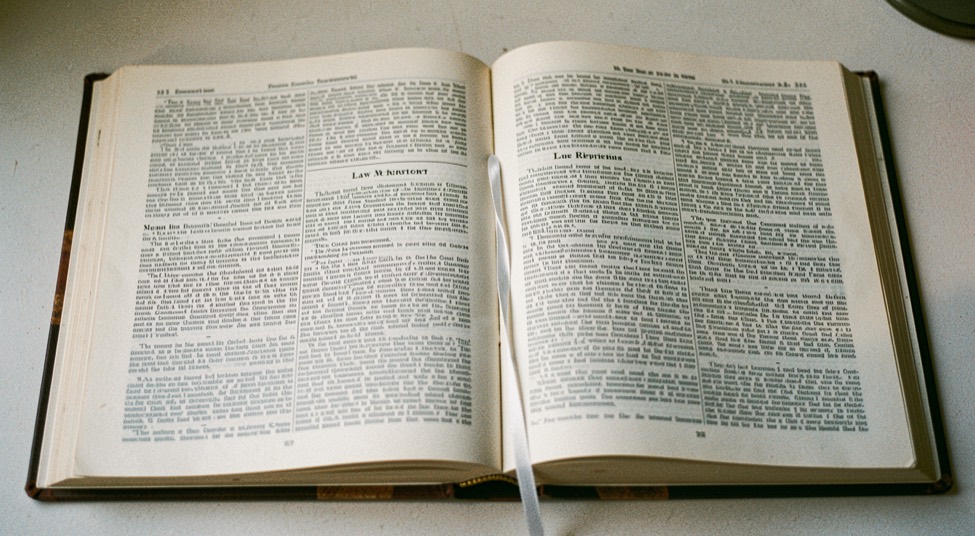 Illustrative image: a bound volume of law reports opened flat, dense two column text with a thin ribbon marker lying across the page