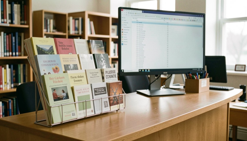 Illustrative image: a public library information desk with a rack of printed leaflets and a screen showing a plain directory listing