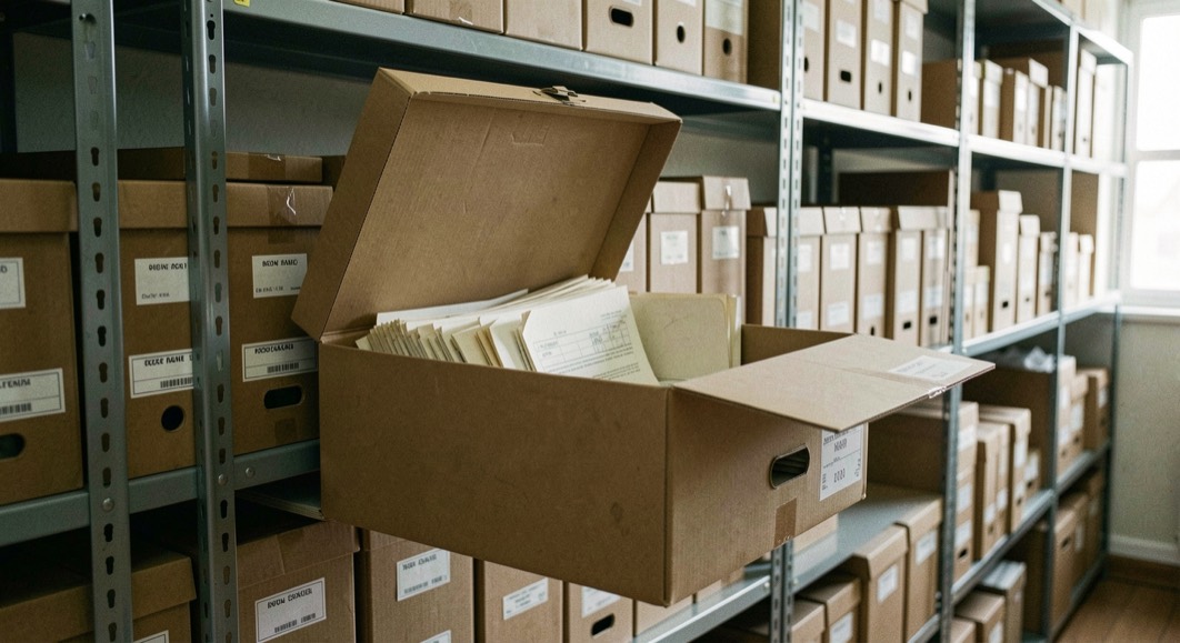 Illustrative image: rows of archive boxes on metal shelving in a records room, one box pulled forward with its lid off and papers visible