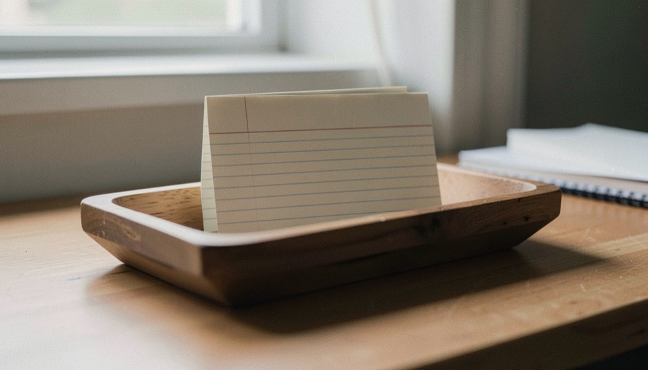 Illustrative image: a shallow wooden tray on a desk holding blank ruled index cards standing on edge, daylight from a window, not one card written on
